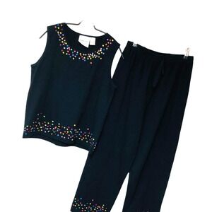 Y2K Michael Simon Black Crop Pant Set Sequins‎ Office Cotton Whimsigoth Womens S
